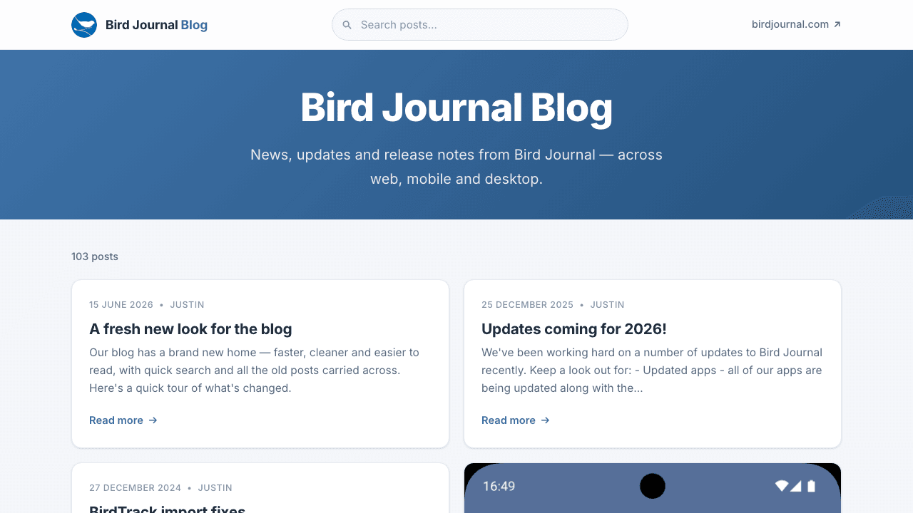 The redesigned Bird Journal blog homepage