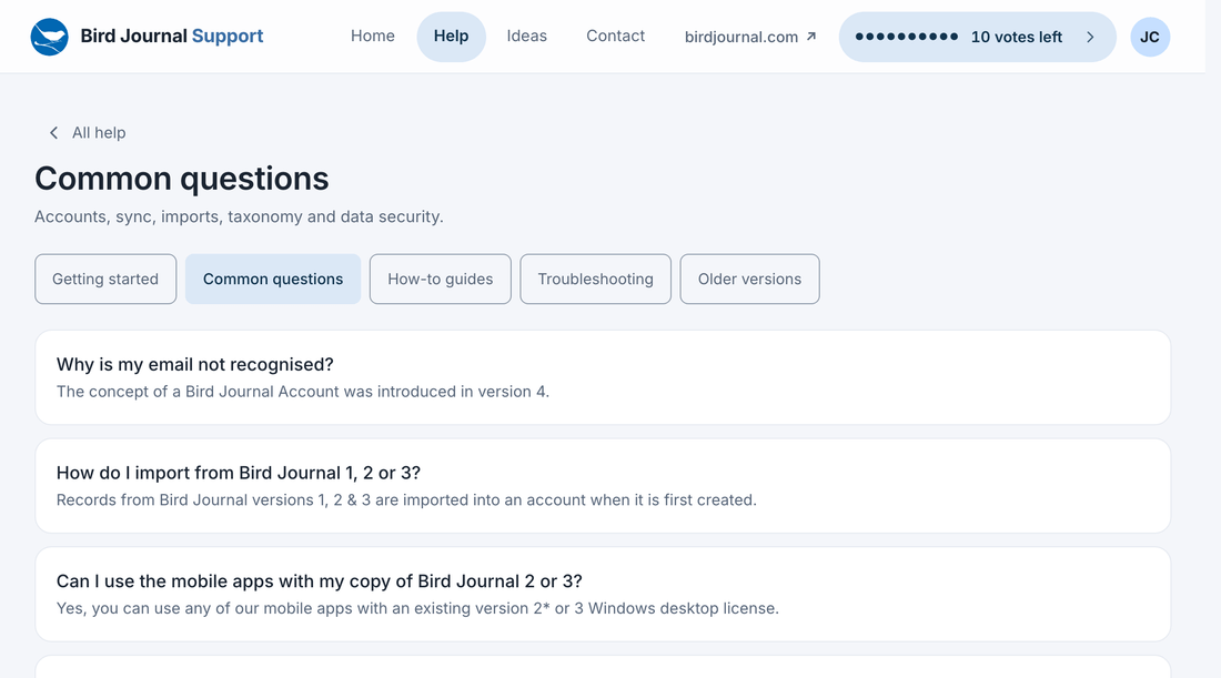 A help topic on the new support site, listing the questions in Common questions with a one-line answer under each and the other topics as chips above