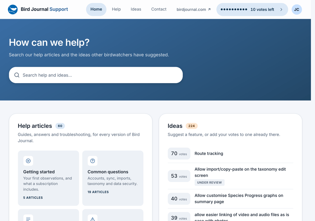 The new Bird Journal support site: a search box across help articles and ideas, with the help topics on one side and the most-voted ideas on the other