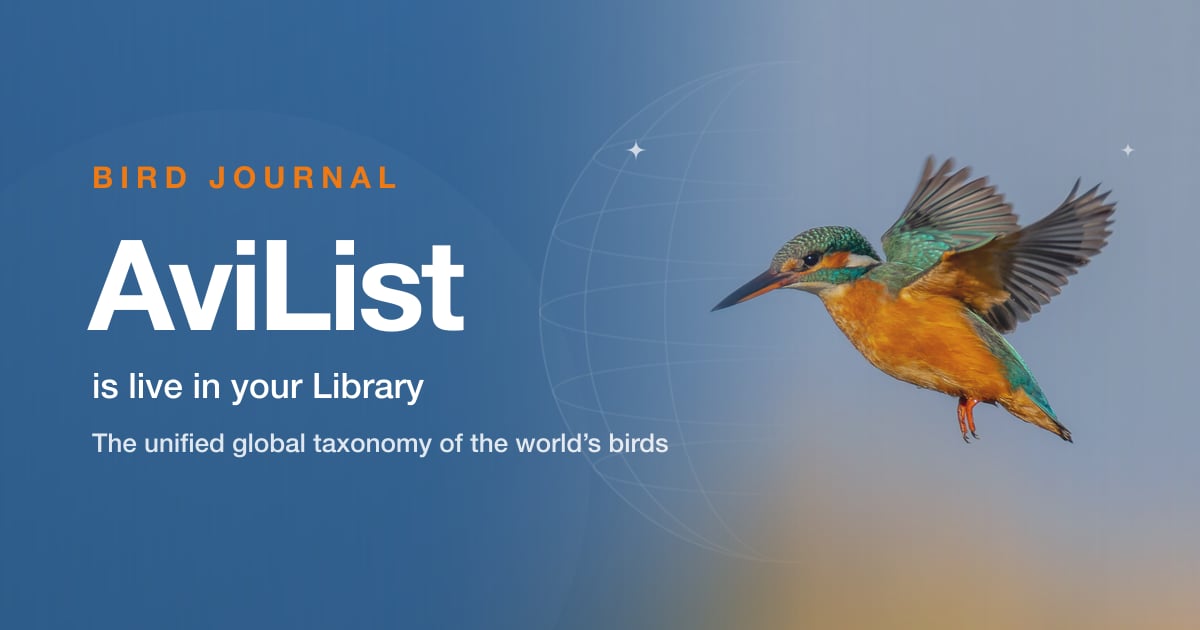 An AviList banner in Bird Journal blue: a Common Kingfisher in flight beside a globe motif, above the words 'AviList is live in your Library'