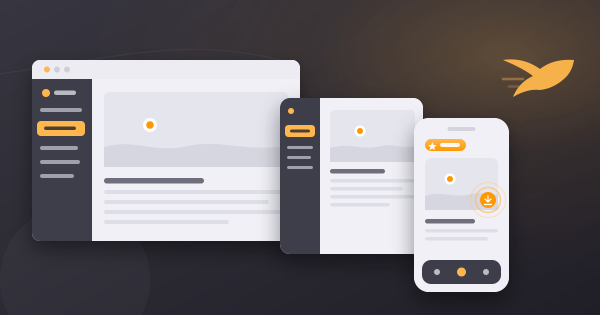 The Bird Journal web app on a desktop browser, a tablet and a phone, in the app's dark-grey and gold palette
