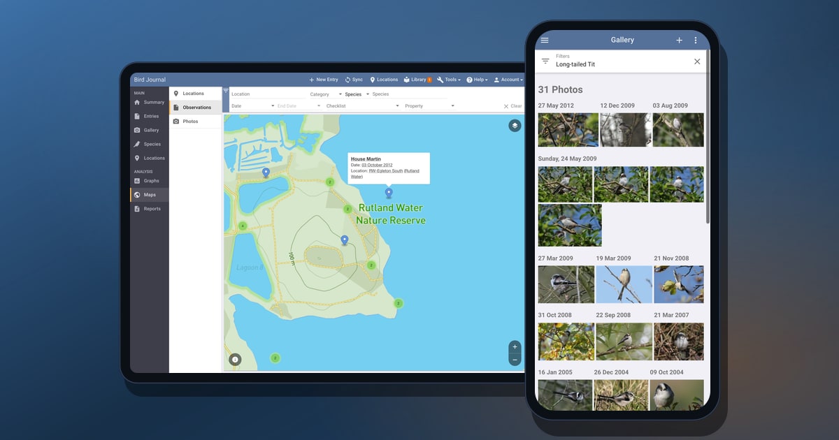 The full Bird Journal app shown on an iPad and an iPhone — the multi-pane map view on the tablet and the photo gallery on the phone
