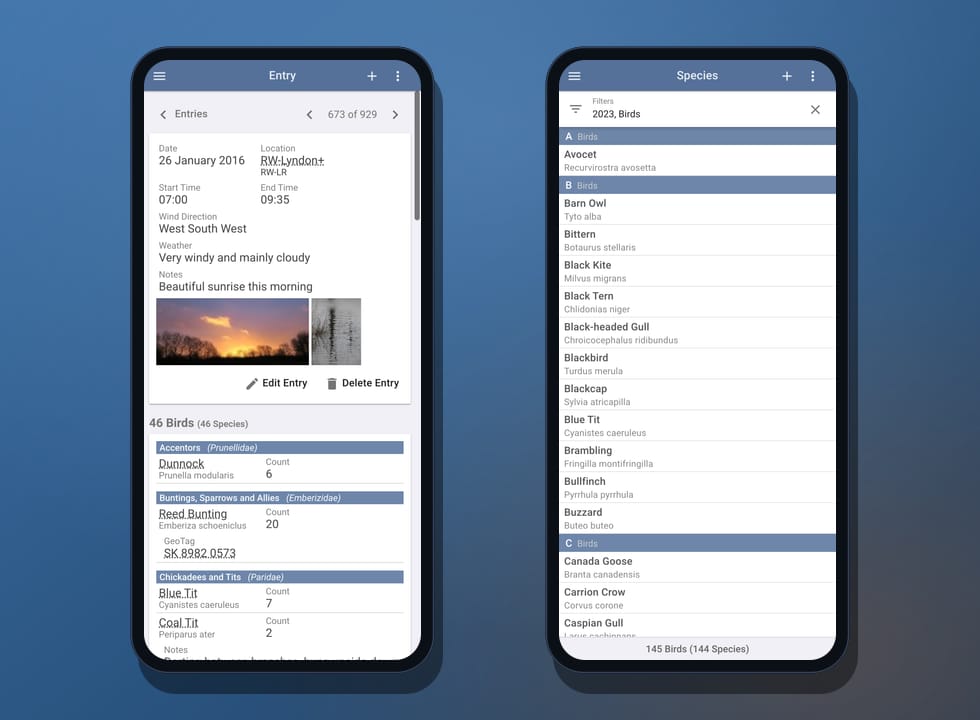 The Bird Journal entry view and species list on two iPhones, showing a full sighting record and a filtered list of species