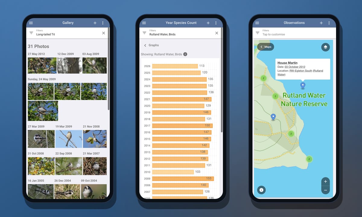 The photo gallery, a year species-count graph and an observations map, each shown on an iPhone