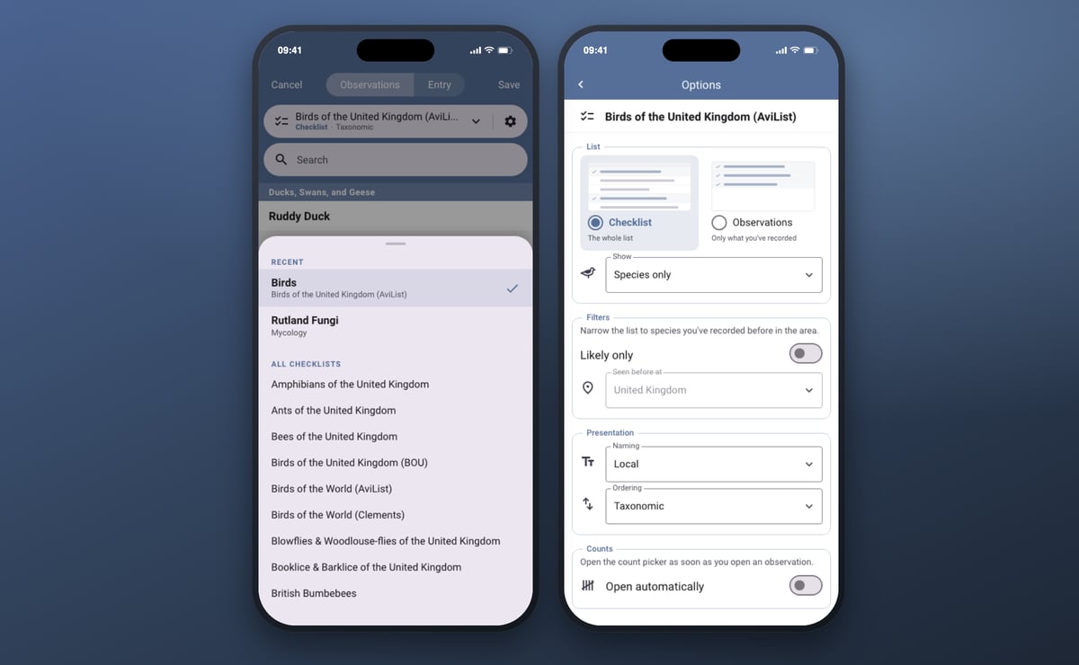 The checklist picker offering every checklist in your library, beside the options that decide which species the list shows and how they're named and ordered