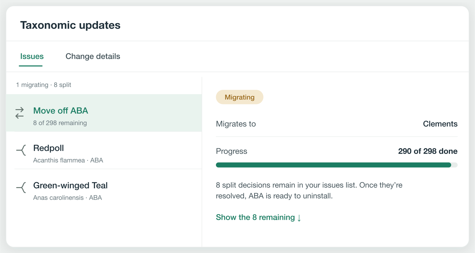 A Bird Journal 'Taxonomic updates' panel migrating records off the ABA list onto Clements — 290 of 298 changes already done, with a handful of species splits left to review
